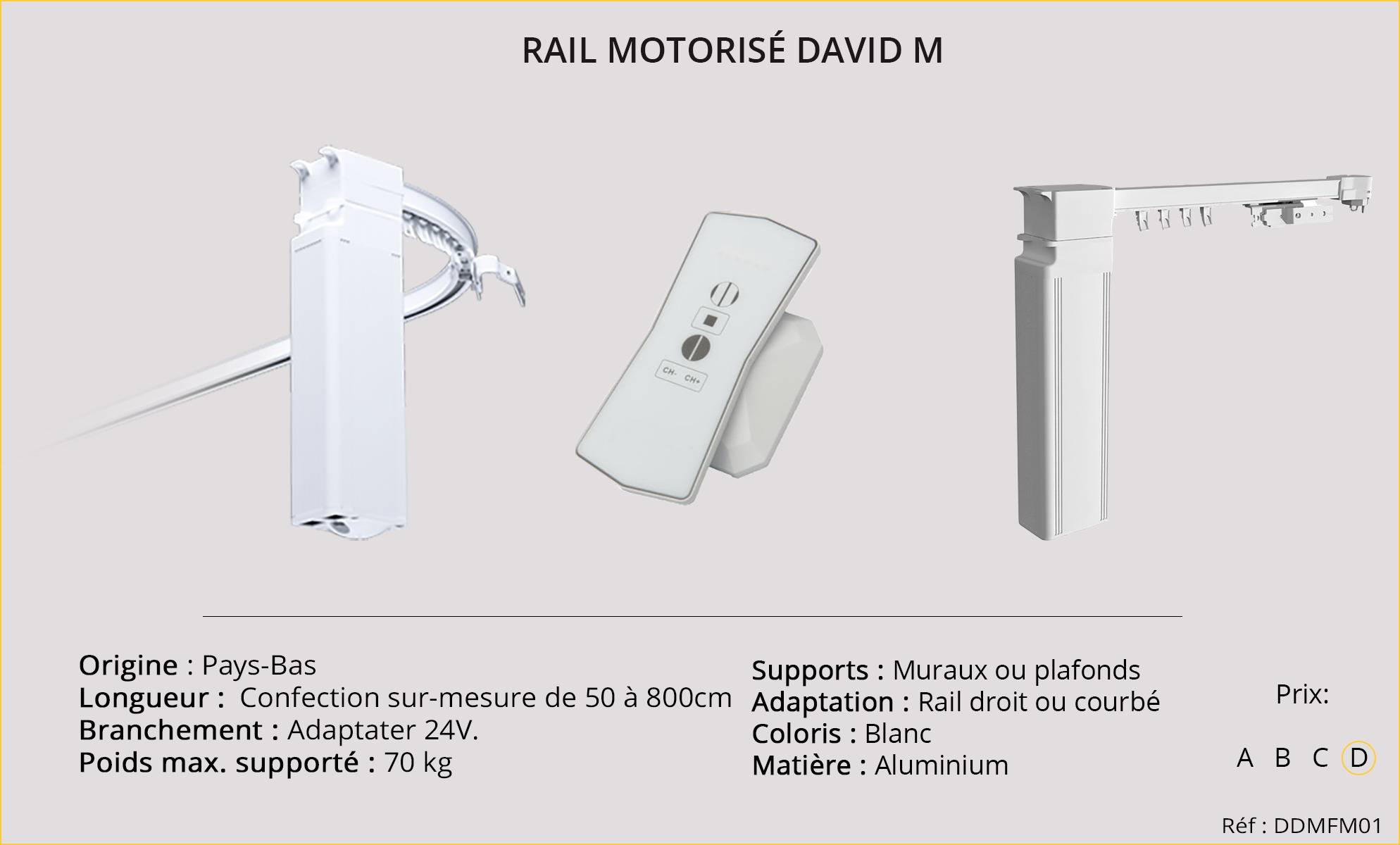 Rail motorisé droit sur mesure pour rideaux lourds David taille M